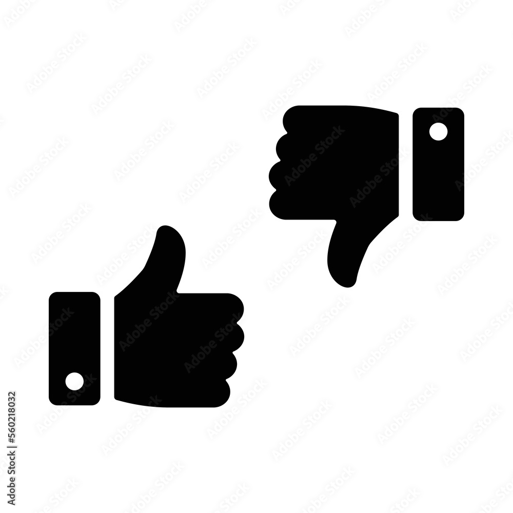 Thumbs up and thumbs down icon. Like and dislike black silhouette sign. Disagree with agree symbol. Arm gesture. Isolated on white background Thumbs up and thumbs down icon. Like and dislike black silhouette sign. Disagree with agree symbol. Arm gesture. Isolated on white background