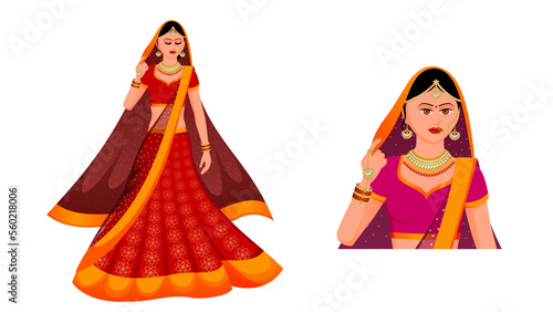 Indian bride in traditional Indian wedding outfits and jewelry. Indian bride vector.