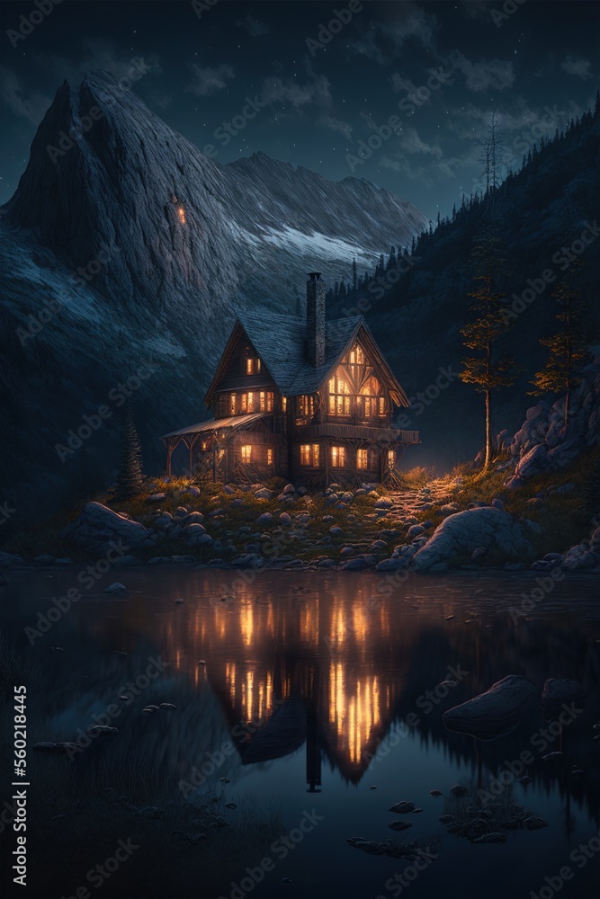 cabin house in the mountains at night