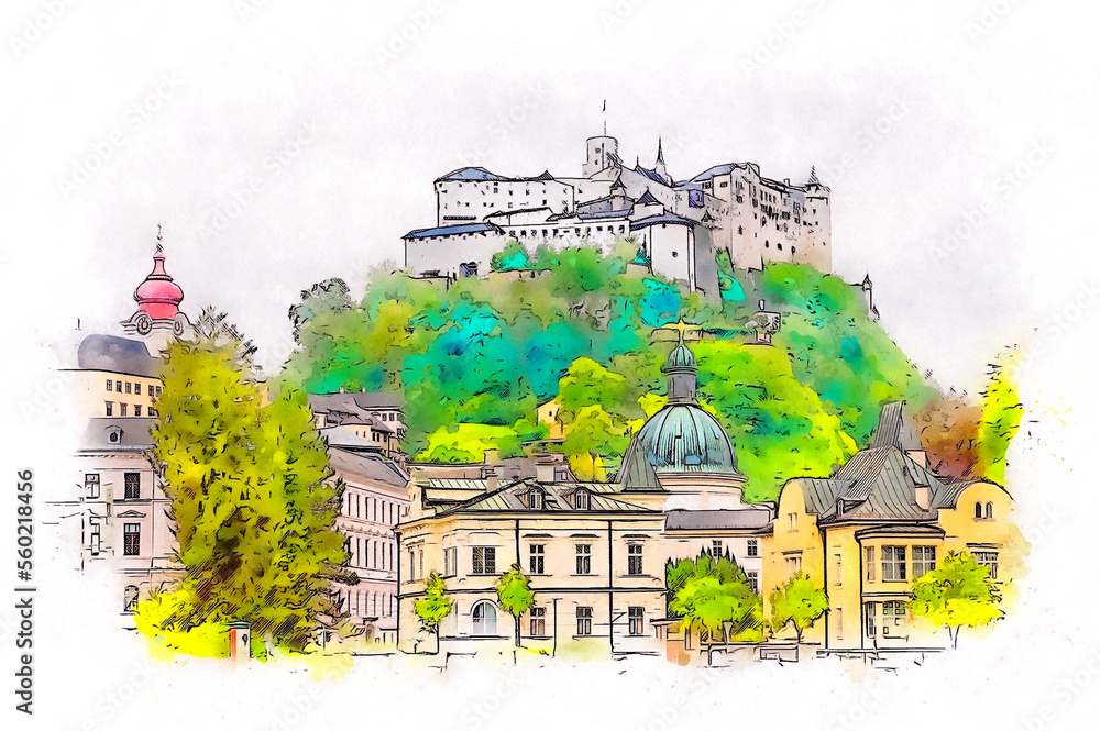 Fototapeta premium Fortress of Salzburg (Hohensalzburg) and historic buildings, Salzburg, Austria, watercolor sketch illustration.