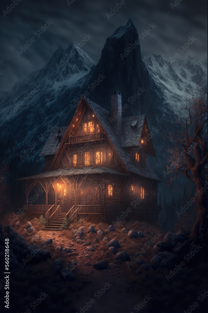 cabin house in the mountains at night