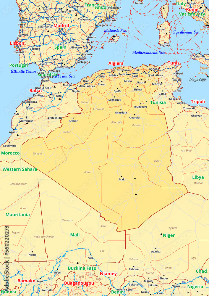 Algeria map with cities streets rivers lakes