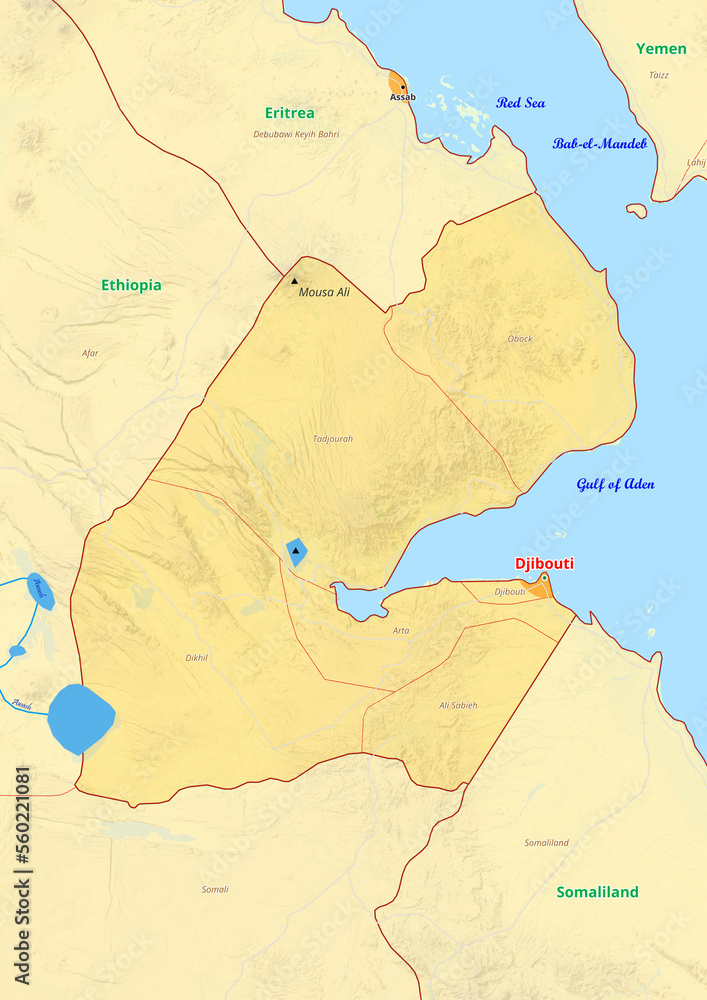 Obraz premium Djibouti map with cities streets rivers lakes