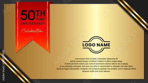 50th Anniversary Celebration. Golden Anniversary template design with red ribbon for birthday celebration event. Vector Template Illustration