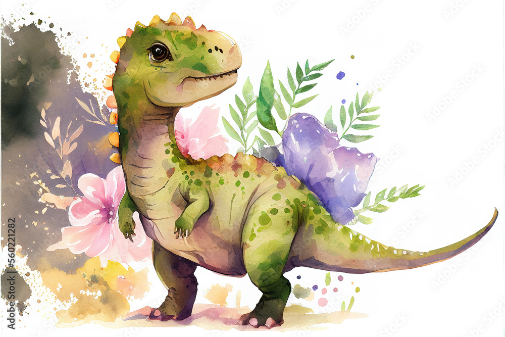 a cute dinosaur illustration in watercolor art, generative ai technology
