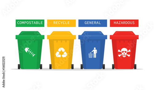 colorful recycling bins for waste separation. recycle infographic. isolated on white background. Trash type bin for garbage organic, plastic, glass, paper, metal. vector illustration.