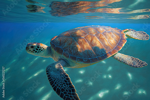 a sea turtle swimming at the water's top. Generative AI