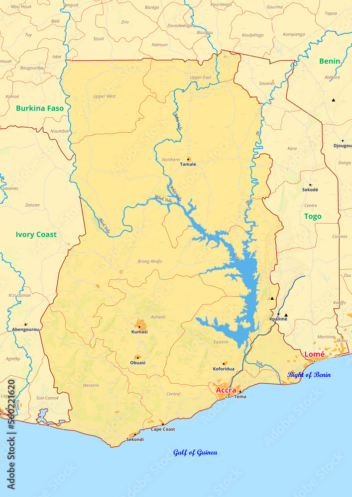 Ghana map with cities streets rivers lakes