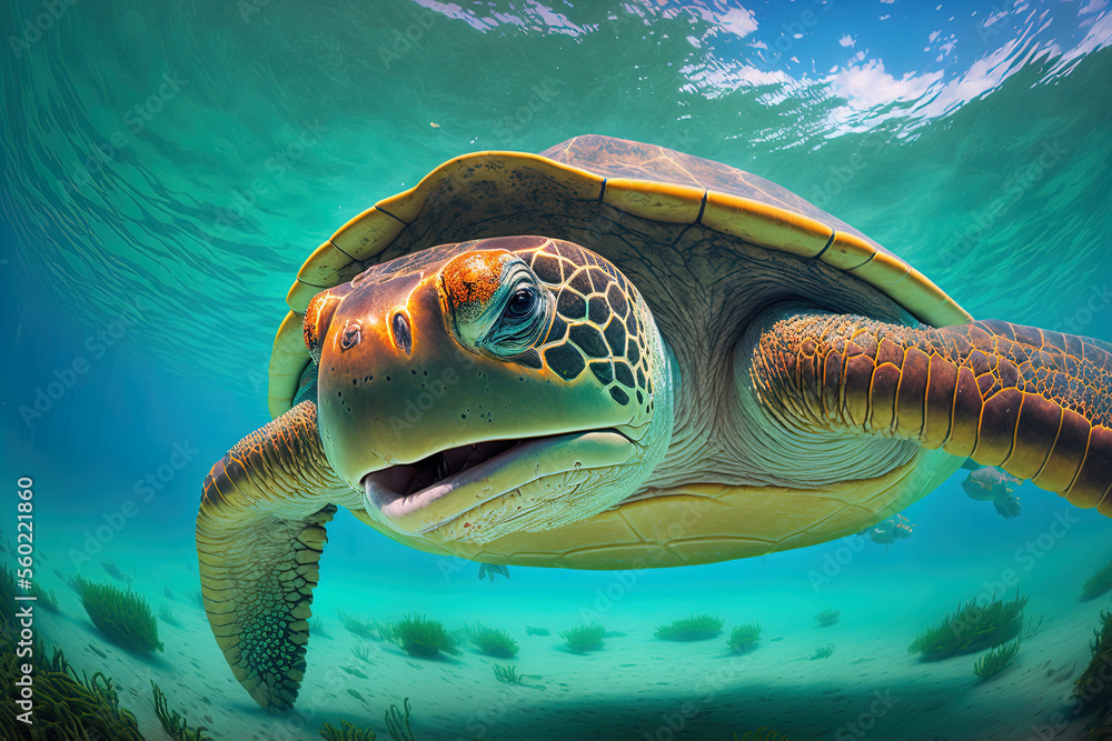 Fototapeta premium A huge turtle moving underwater in the ocean is captured in a lovely close up. Generative AI