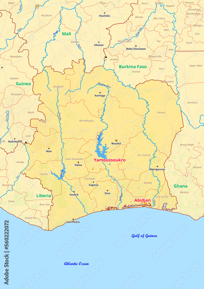  Ivory Coast map with cities streets rivers lakes