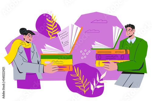 Online library or literature club, audiobooks and bookstore, bookcrossing banner design. People with books, flat cartoon vector illustration isolated on white background.