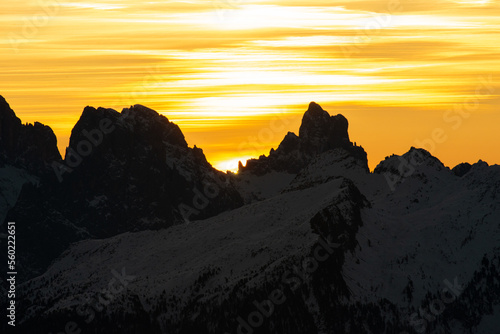 sunrise in the snow dolomites