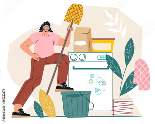 Happy woman ready for household chores. Housewife keeping her house clean and tidy, flat cartoon vector illustration isolated on white background. Housekeeping detergents and supplies.