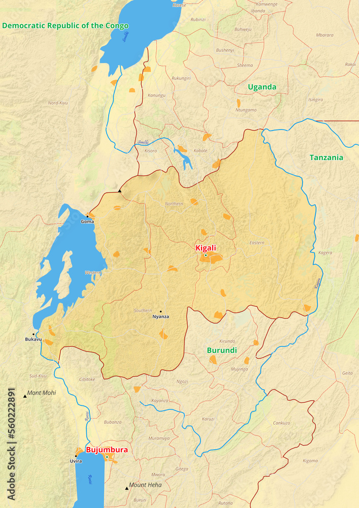 Rwanda map with cities streets rivers lakes