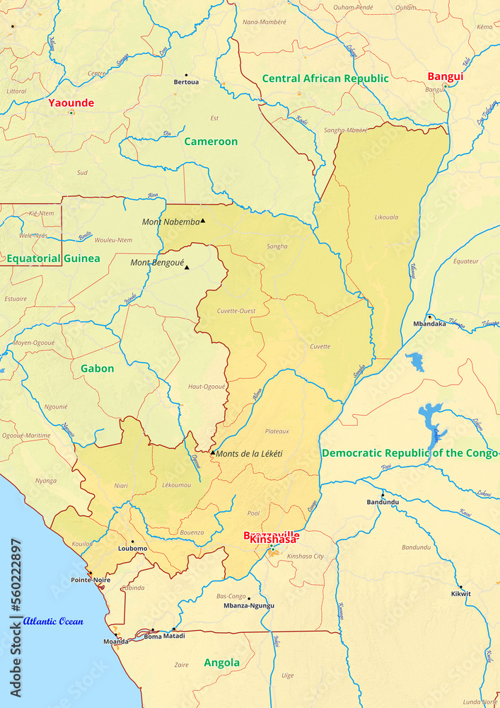 Fototapeta premium Republic of the Congo map with cities streets rivers lakes