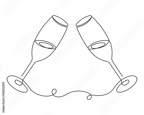 Hand drawn champagne clinking glasses one line art,continuous drawing contour.Cheers toast festive decoration for holidays,romantic design for Valentine's Day.Editable stroke. Isolated.Vector