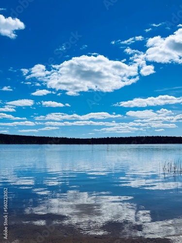 Sky reflection at the lake surface, peaceful summer lake view, no people