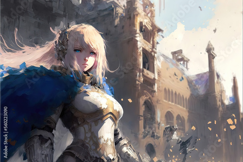 a brave anime woman after the war standing in front of a big castle, manga art, generative ai technology 