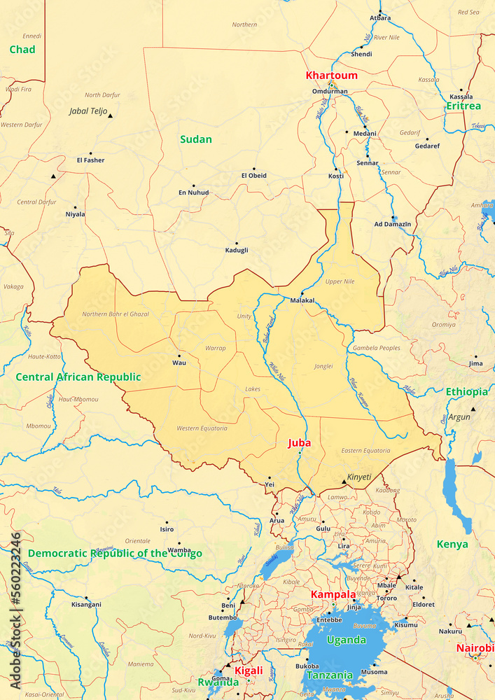 South Sudan map with cities streets rivers lakes