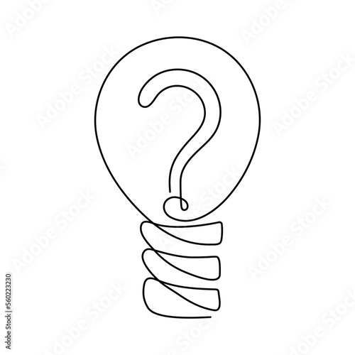Light bulb with question mark one line art, hand drawn asking sign, idea concept continuous contour. Sign of scientific discovery. Editable stroke. Isolated. Vector illustration