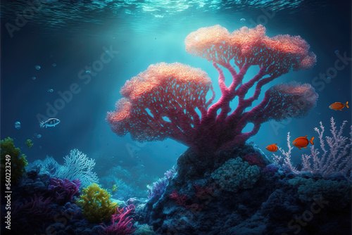 beautiful underwater world with corals and fishes, anime painting, generative ai technology 