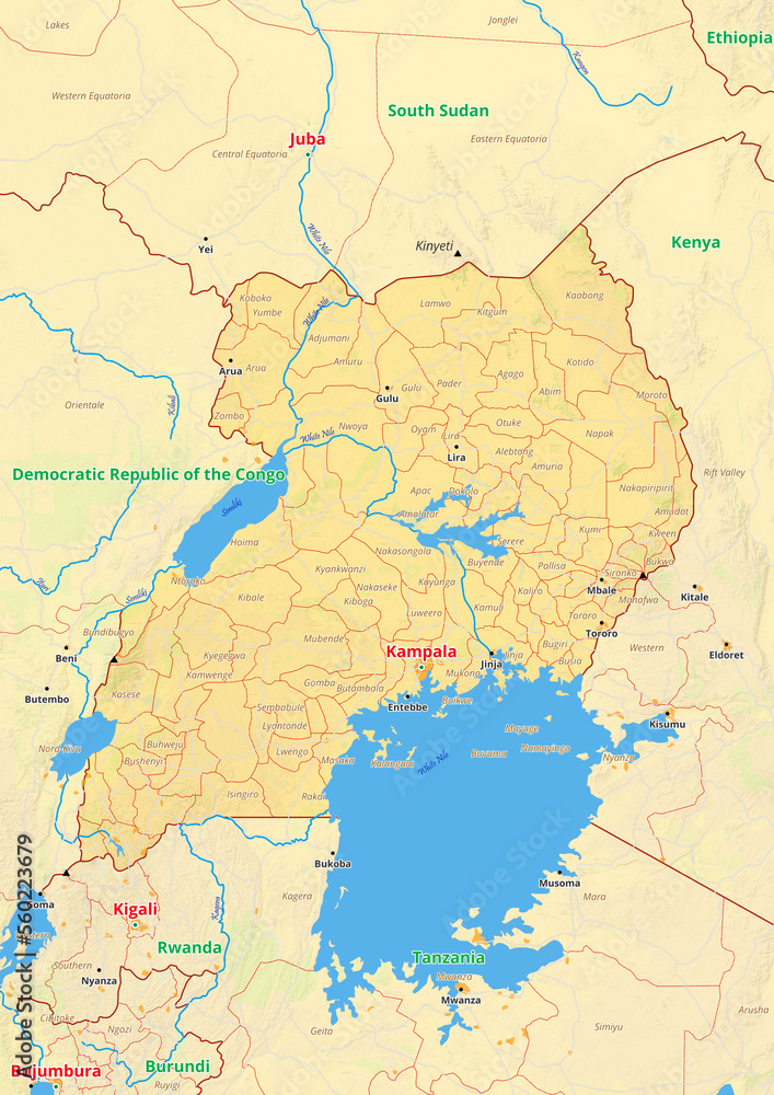 Fototapeta premium Uganda map with cities streets rivers lakes