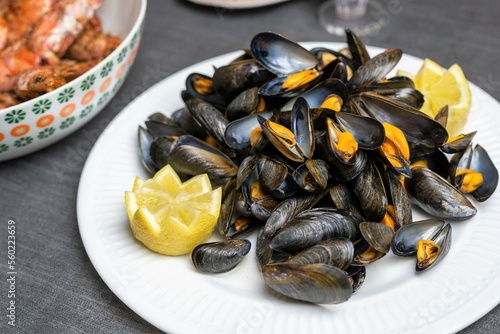 Mussels steamed with spices and lemon. Typical Galician and Spanish food. Spanish tapas