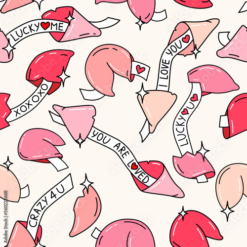 Cute fortune cookie Valentine's Day seamless pattern with love message. Hand drawn vector illustration in cartoon style.