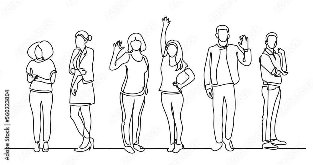 continuous line drawing of diverse group of standing people team members friends employees - PNG image with transparent background continuous line drawing of diverse group of standing people team members friends employees - PNG image with transparent background