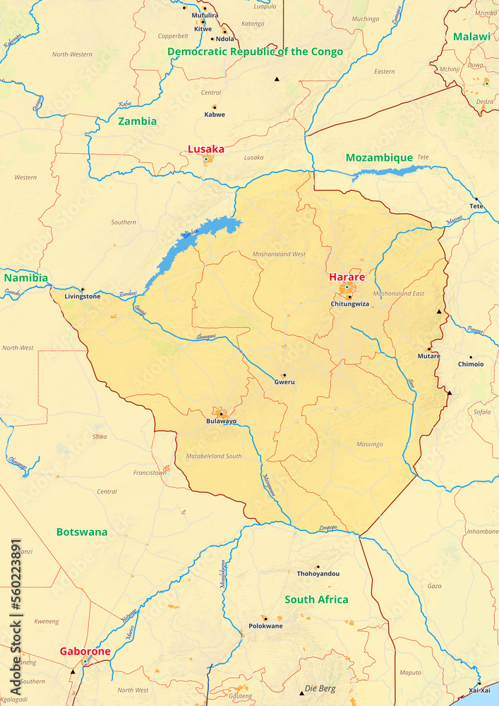 Zimbabwe map with cities streets rivers lakes