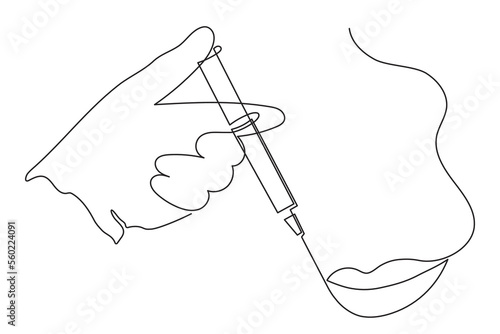 Beauty shot in lips, gloved hands holding syringe,one line art,continuous drawing contour.Treatment making mouth plump.Medical concept,injection botox dose.Editable stroke.Vector illustration