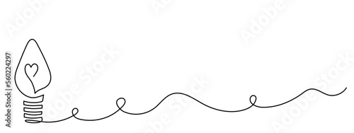 Lightbulb with heart one-line continuous contour,hand-drawn electric device contour outline.Electric lighting and illumination romantic decoration design.Editable stroke.Isolated.Vector illustration
