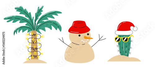 Palm trees, cactus and funny snowman made of sand on the Christmas beach. Hand drawn vector illustration. Tropical xmas background, banner.