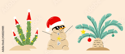 Palm trees, cactus and funny snowman made of sand on the Christmas beach. Hand drawn vector illustration. Tropical xmas background, banner.