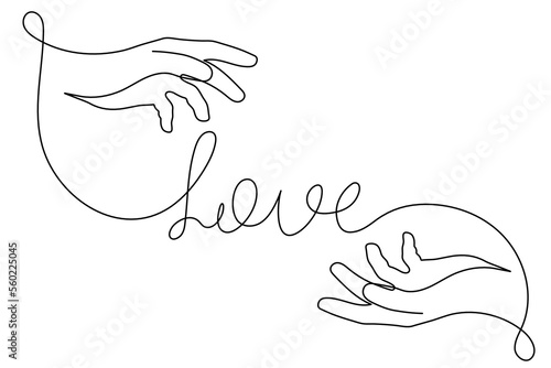 Hands with love word one-line art, continuous drawing contour,hand-drawn romantic design for Valentine's Day.Bridal, nuptials, engagement symbol.Editable stroke.Isolated.Vector illustration