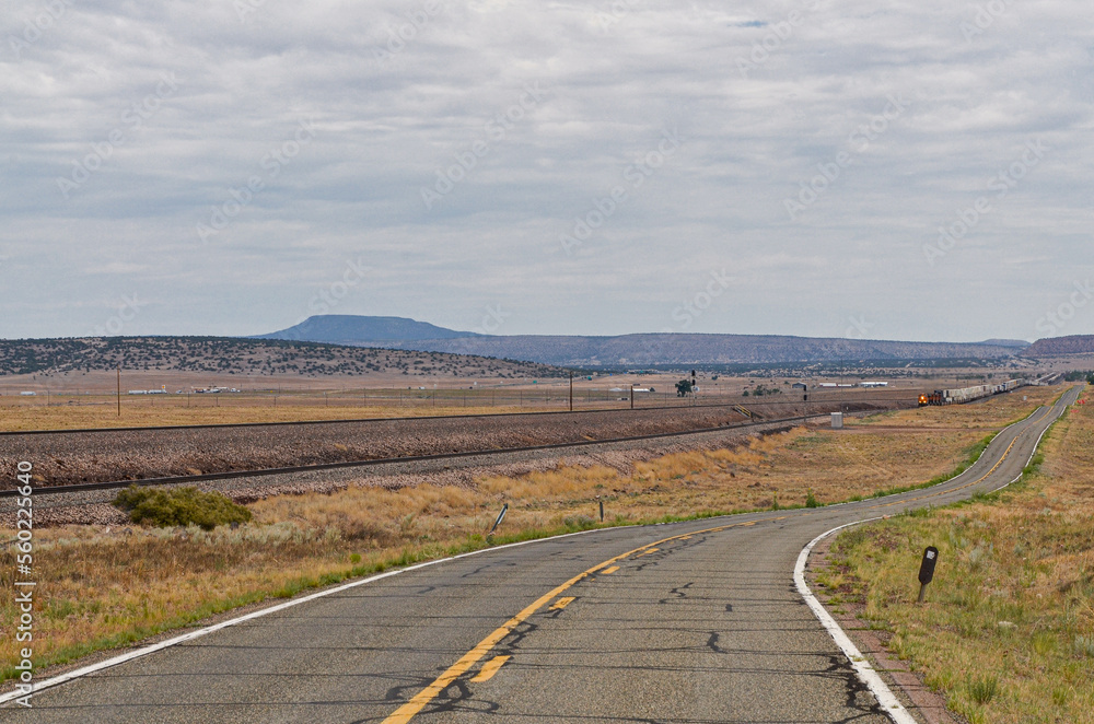 historic Route 66 and freight railroad line near Seligman (Yavapai county, Arizona, United States) 