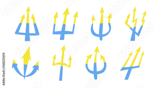 Ukraine coat of arms, patriotic seal, national emblem. Simple blue-yellow trident icon, sign of Ukrainian country ethnic, symbol of independent republic. Isolated. Vector illustration