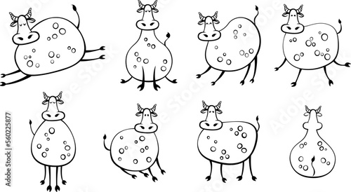 Set of farm animals. Children's illustration of cow poses. Cute designs doodle style.