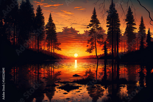lovely sunset over the lake in the forest. Generative AI