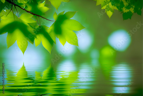 Spring green background with branch tree with leaves reflecting in the water  generative ai springtime backdrop with copy space
