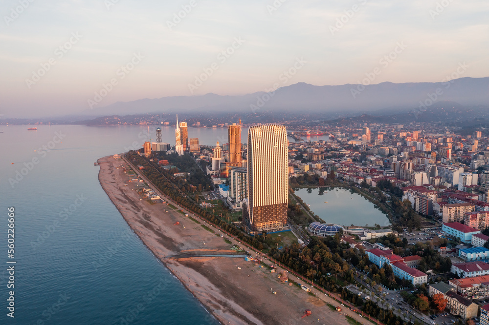 Aerial view of Batumi, Adjara, Georgia coastline at Black Sea.