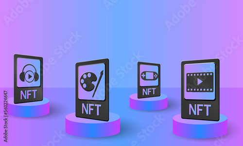 NFT, concept vector illustration of non-fungible tokens. NFT card on podium for banner, poster, website, landing page, advertisement.