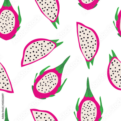 Seamless pattern with exotic dragon fruits. Cute vector summer background