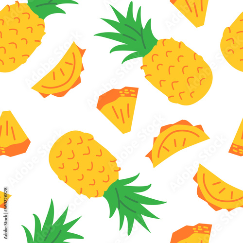 Seamless pattern with pineapples and slices. Tropical summer vector background with exotic fruits