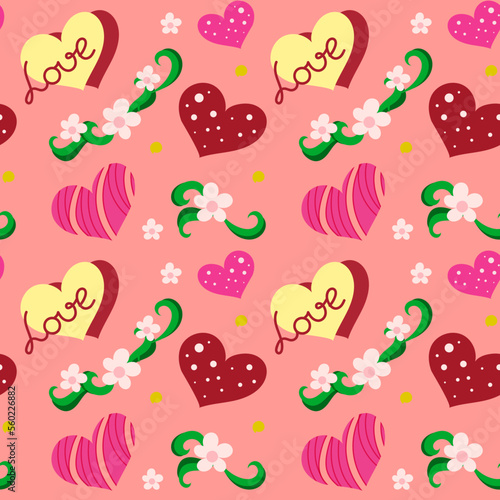 Seamless cute pattern of painted different hearts with flowers and love lettering. Design for background, wallpaper, cover, banner, texture, packaging, fabric. Colored doodles. 