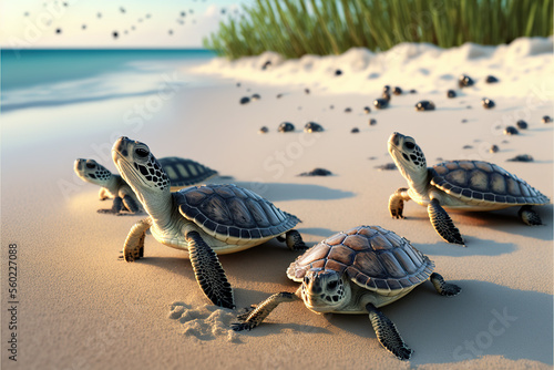 a group of small turtles on the beach sand walks to the sea. Selective focus