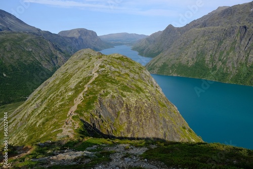 Beautiful mountain views on trail above Lake Gjende, around Gjendesheim mountain hut. Jotunheimen National Park, Norway photo