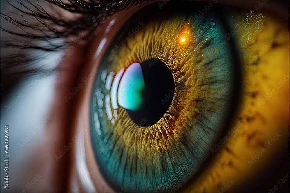 a close up of a person's eye with a bright green iris and yellow iris iris in the center of the