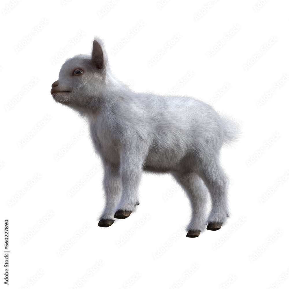 Obraz premium Goat baby character on transparent background. 3d rendering illustration for collage, clipart, composting.