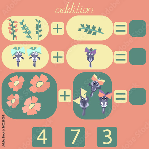 count the flowers and birds in the picture and put the right number